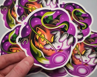 Jack-O’-Lantern Sticker, Pumpkin Sticker, Halloween Art, Laminated Vinyl, Water Resistant Hydro Flask, Water Bottle Decal, Spooky Floral Art