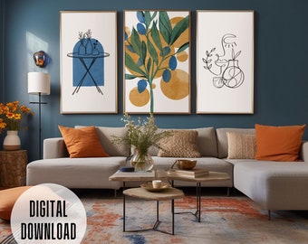 Boho Wall Art Set of 3 – Printable Digital Download – Blue, Green, Yellow Modern Botanical Line Art – Geometric Abstract Decor