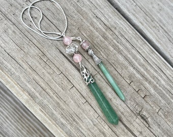 Double Point Green Adventurine Rose Quartz and Vintage Crystal Pendulum dousing scrying divination