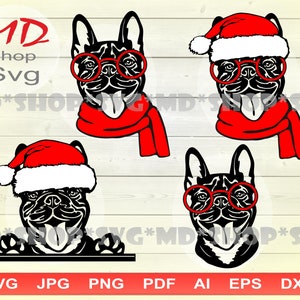Op de afbeelding: Vier digitale snijbestanden van een Franse Bulldog die een kerstmanmuts en een bril draagt. De hond staat in verschillende poses, waaronder zittend, staand en naar de kijker kijkend. De bestanden zijn in de formaten SVG, JPG, PNG, PDF, AI, EPS en DXF.