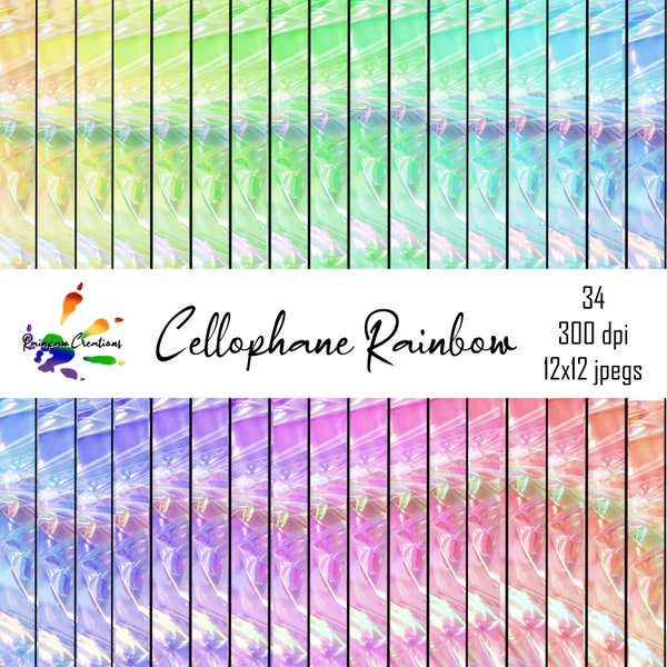 34 Cellophane arc-en-ciel, holographique irisé, pack de papier numérique, scrapbooking de fabrication de cartes artisanales, paquet multicolore 12x12