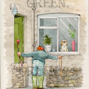 Greeting Card, cartoon about trying to walk the reluctant dog. Blank, large A5 recycled card and envelope. (Multi-buy Code 'Walkies')