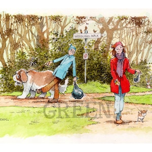 Greeting Card, cartoon featuring dog walkers, blank, large A5 size, recycled card, plastic free, (Multi-buy Code 'Dog Bags').