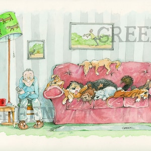 Greeting Card, cartoon featuring a dog owner crowded off the sofa. Blank, large A5, recycled card and envelope (Multi-buy Code 'Whose Sofa')