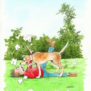 Greeting Card, cartoon featuring an over enthusiastic dog. Blank, large A5, recycled card and envelope. (Multi-buy Code 'Stay')