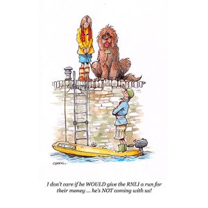 Newfoundland greetings card, Rescue dog cartoon, blank inside, 5 x 7,fully recycled materials