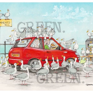 May include: A red car is surrounded by a flock of seagulls. The car is parked on a street near the sea. A sign points to refreshments 50 metres away. The driver is looking out the window with a surprised expression.