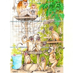 May include: A watercolour illustration of a group of monkeys laughing in a cage. The monkeys are sitting on branches and platforms, and some are holding onto the bars of the cage. The text "We can hear you... you know!!" is written at the bottom of the image.