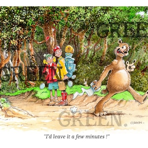 May include: A cartoon illustration of a bear running away from two children in a forest. The bear is holding a can of something in its hand. The children are wearing backpacks and are looking at the bear. The caption reads "I'd leave it a few minutes!"