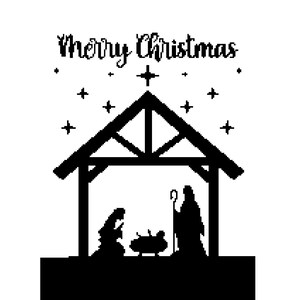 May include: Black and white silhouette of a nativity scene with a manger, Mary, Joseph, and a star above. The text "Merry Christmas" is above the scene.