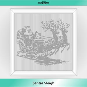 May include: A black and white illustration of Santa Claus riding in a sleigh pulled by two reindeer. The image is framed in a white frame with a silver background.