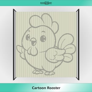 May include: A black and white cartoon illustration of a rooster with a large comb and wattle. The rooster is facing the right side of the image and has its wings spread out. The rooster is standing on a striped background.