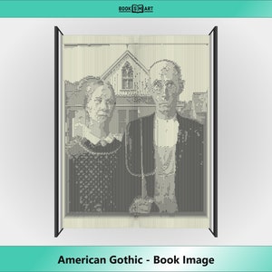 May include: A black and white image of a book cover depicting a painting of two people standing in front of a house. The painting is titled "American Gothic - Book Image".