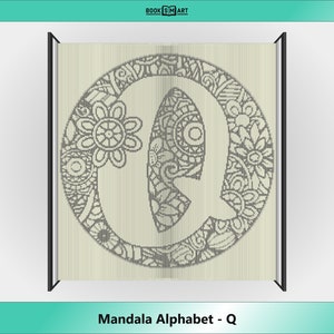 Może przedstawiać: Czarno-biały wzór mandali z literą Q. Litera jest otoczona okręgiem złożonym z misternych wzorów i projektów. Tło jest jasnobeżowe. Tekst "Mandala Alphabet - Q" znajduje się na dole obrazu.