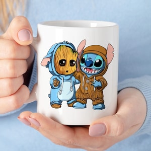 Cute Groot and Stitch Onesie Friends Funny Parody Gift Mug For Guardians of the Galaxy, Lilo & Stitch Fans