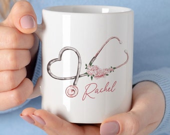 Personalised Nurse Mug, Doctor Present, NHS Key Worker, Hospital Nurse Gift, Floral Pink Watercolour Stethoscope Design Active