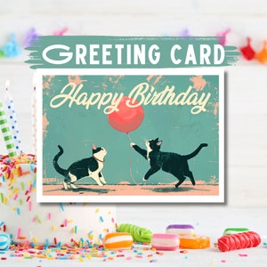 Cat Birthday Card: Whimsical Felines, Red Balloon, Handmade Greeting