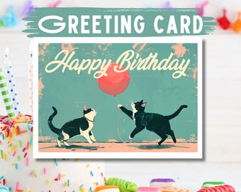 Cat Birthday Card: Whimsical Felines, Red Balloon, Handmade Greeting