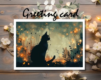 Enchanted Evening Cat Greeting Card: Whimsical Twilight Design