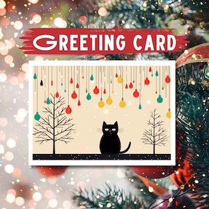Black Cat Holiday Lights Greeting Card: Modern Festive Art