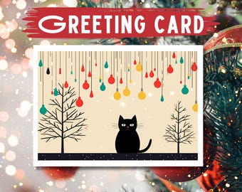 Black Cat Holiday Lights Greeting Card: Modern Festive Art