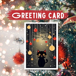 Black Cat Christmas Greeting Card: Whimsical Ornaments