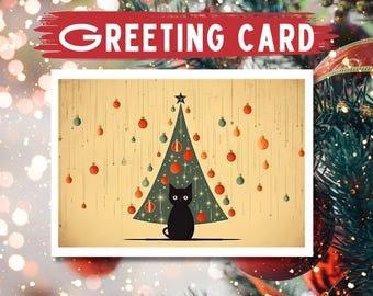 Black Cat Christmas Greeting Card: 'Midnight Purrfection' with Kraft Envelope