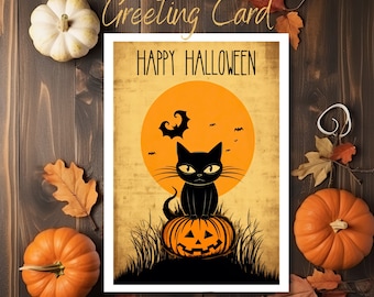 Halloween Cat Card, Cat Pumpkin Bat Card, Linen Greeting Card Blank inside with Kraft Envelope