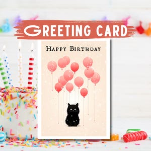 Cat Birthday Card, Black Cat Birthday Balloons, Happy Birthday Card, for Girlfriend, Happy Cats, Unique Cat Card, Cute Cat Card