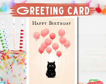 Black Cat Birthday Card, Pink Balloons, Handmade Greeting Card