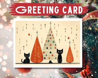 Black Cats Christmas Tree Holiday Card with Kraft Envelope
