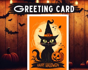 Witch Cat Halloween Card: Blank Greeting Card with Kraft Envelope