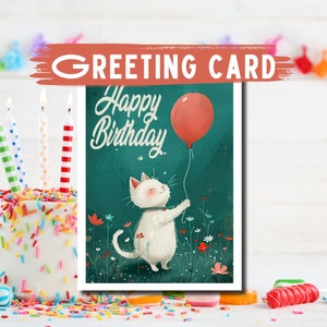 Purr-fect Birthday Wishes, Cat Birthday Card, Happy Birthday Card, for Girlfriend, Cats and Balloon, Unique Cat Card, Cute Cat Card