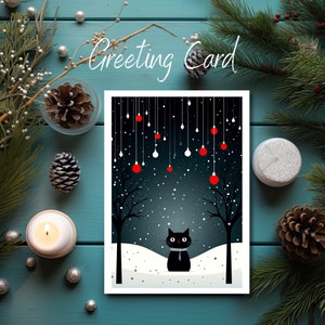 Black Cat Holiday Card, Christmas Cat Holiday Winter Card, Linen Greeting Card Blank inside with Kraft Envelope