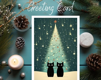 Christmas Cats, Cat Holiday Card, Winter Lights Card, Cat Christmas Tree, Linen Greeting Card Blank inside with Kraft Envelope