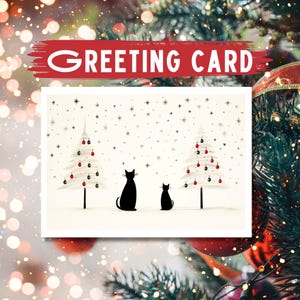 Christmas Cats Greeting Card: Snowy Black Cats & White Trees