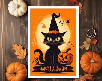 Halloween Witch Cat Card, Cat Pumpkin Bat Card, Linen Greeting Card Blank inside with Kraft Envelope