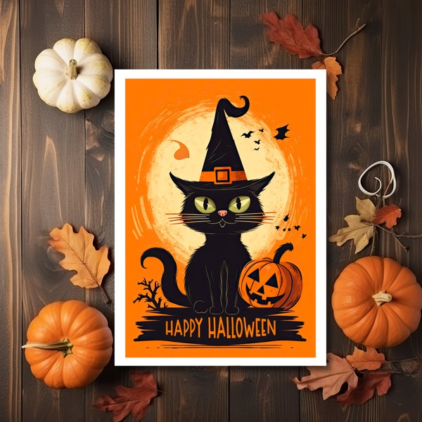 Halloween Witch Cat Card, Cat Pumpkin Bat Card, Linen Greeting Card Blank inside with Kraft Envelope