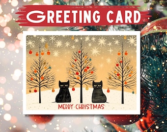 May include: A Christmas greeting card featuring three black cats sitting in front of three decorated Christmas trees. The trees are adorned with colorful ornaments and the background is a snowy landscape. The text "Merry Christmas" is printed at the bottom of the card.