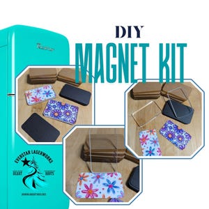 May include: DIY magnet kit with various components, including floral patterned magnets, black magnets, clear frames, and cardboard backing. The kit is displayed on a wooden surface, with the words "DIY MAGNET KIT" in teal.