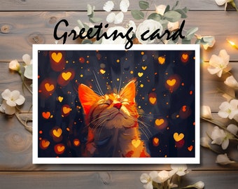 Ginger Cat Greeting Card: Cozy Whiskers, Hearts Illuminated