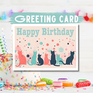 Feline Celebration Cat Birthday Card, Happy Birthday Card, for Girlfriend, Happy Cats, Unique Cat Card, Cute Cat Card