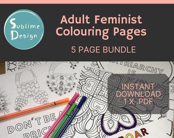 Printable Quote, Feminist Colouring Pages, Swear Word Feminism Print at Home Coloring Pages, 5 Page Bundle