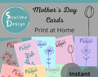Printable Mother's Day Cards Digital Download Pastel Colours with simple flowers Printable card for mom Floral Card