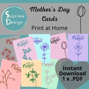 Printable Mother&#39;s Day Cards Digital Download Pastel Colours with simple flowers Printable card for mom Floral Card