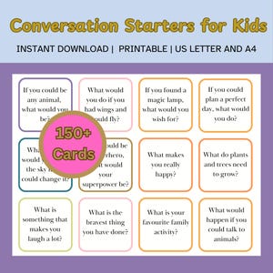 Tarjetas de inicio de conversación para niños para la comunicación, la confianza, el pensamiento crítico, la conexión y el vínculo a través de indicaciones interactivas.