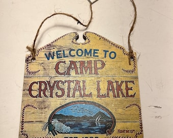 Welcome to Camp Crystal Lake Sign on Wood Backing