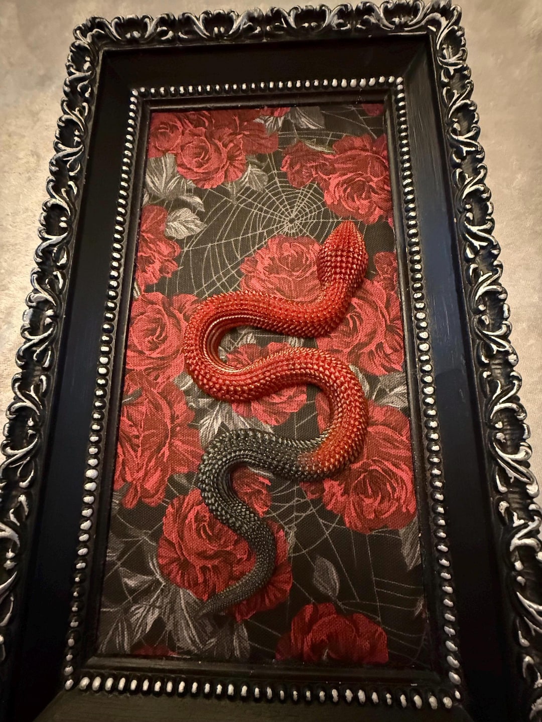 Red & Black Epoxy Resin Snake on Red Rose and White Web Fabric | Framed ...