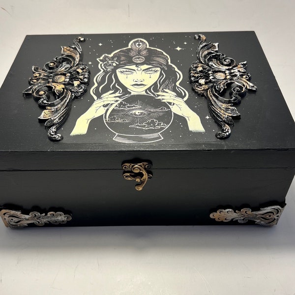 Dark Magic | Witchcraft | Tarot Cards | Psychic | Crystal Ball | Fortune Teller | Black Decorative Box with Gold and Silver Ornate Filigree