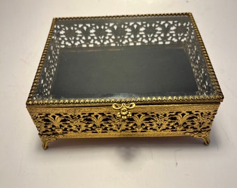 Gold Filigree Decorative Box with Glass Top